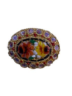 Italian Micro Mosaic Gold Tone Brooch Floral Design Oval Shape Various Metal